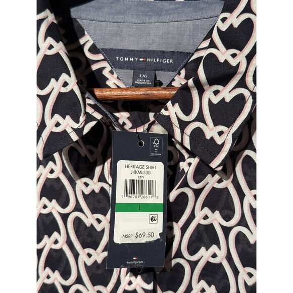 🩷 NEW TOMMY HILFIGER VALENTINES Heart Print Roll-Tab Sleeve Button-Down Shirt L - Picture 4 of 10